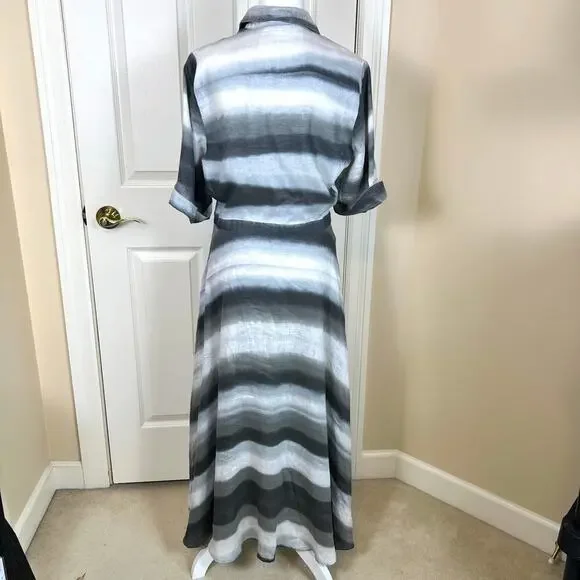 Officine Générale Nadia Linen Button Up Shirt Dress Grey Asymmetric Stripe MED - Picture 2 of 10
